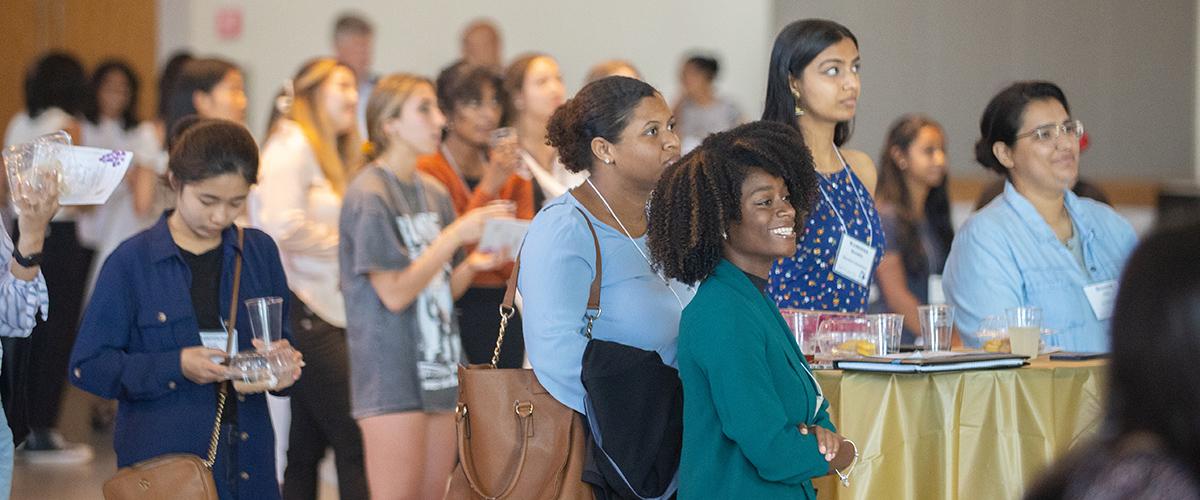 A group of students listen to Dean Raheem Beyah at the 2022 Tea with the Dean. (Photo: Andre Magyar)